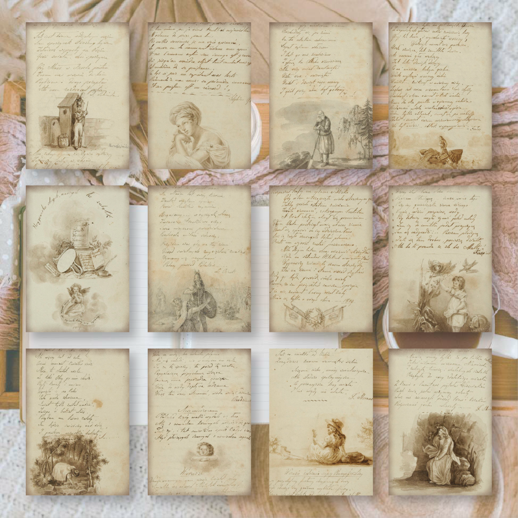 Old diary ephemera paper | 7,4 x 10,5 cm | 3×8 designs