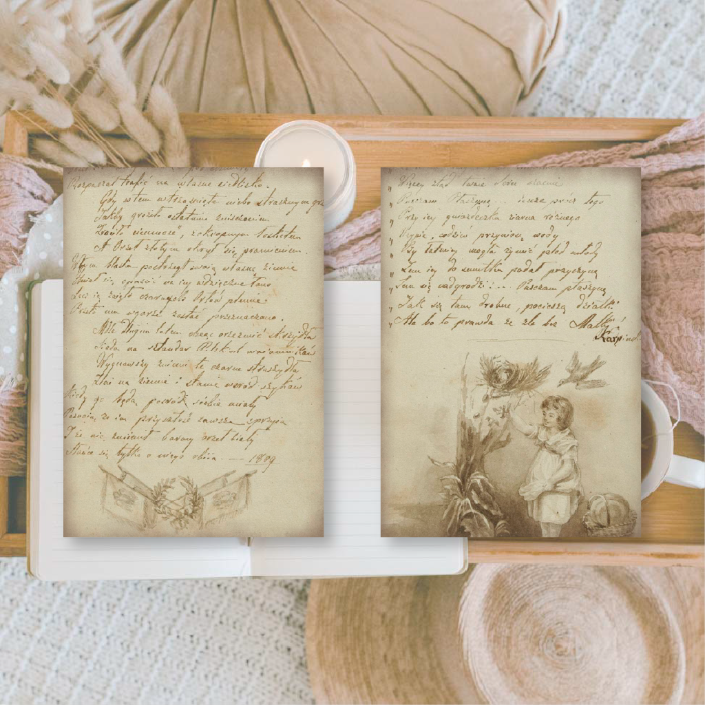Old diary ephemera paper | 7,4 x 10,5 cm | 3×8 designs